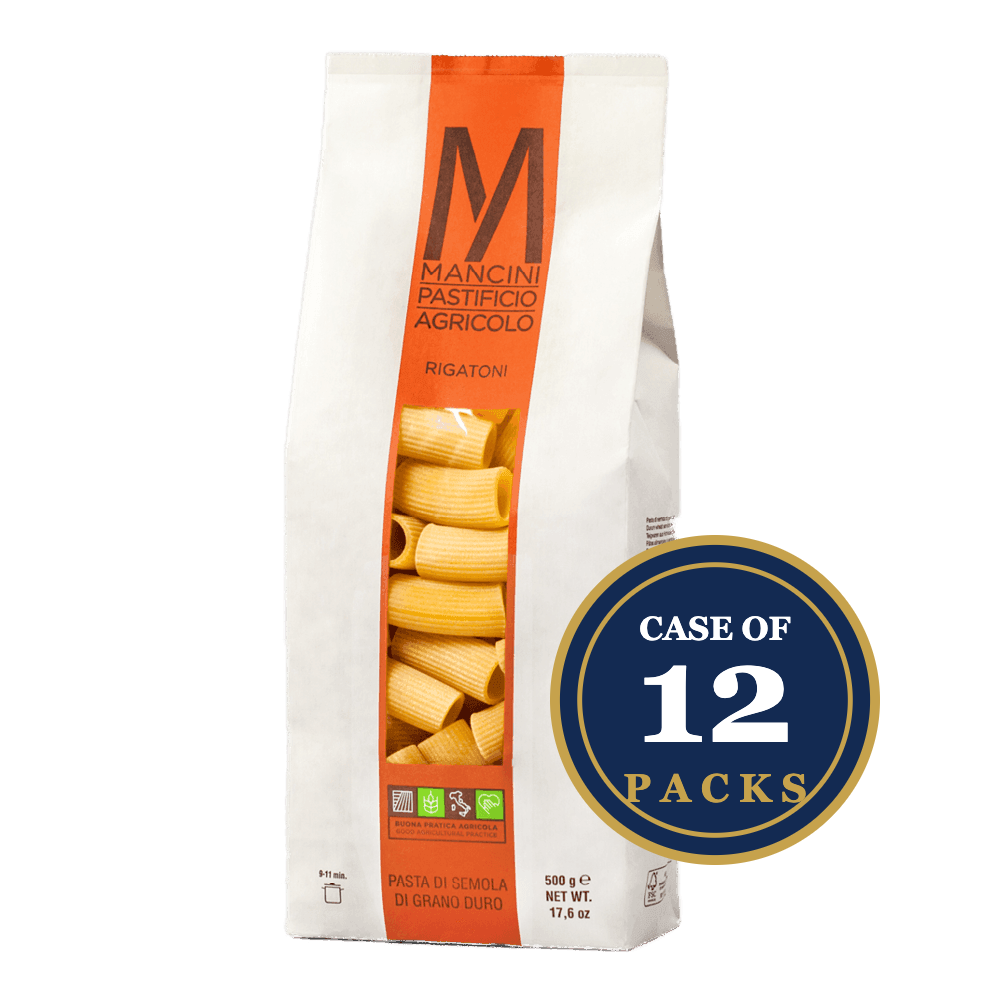Mancini Rigatoni pasta, 500g, case of 12 packs, artisan-made, durum wheat, premium quality
