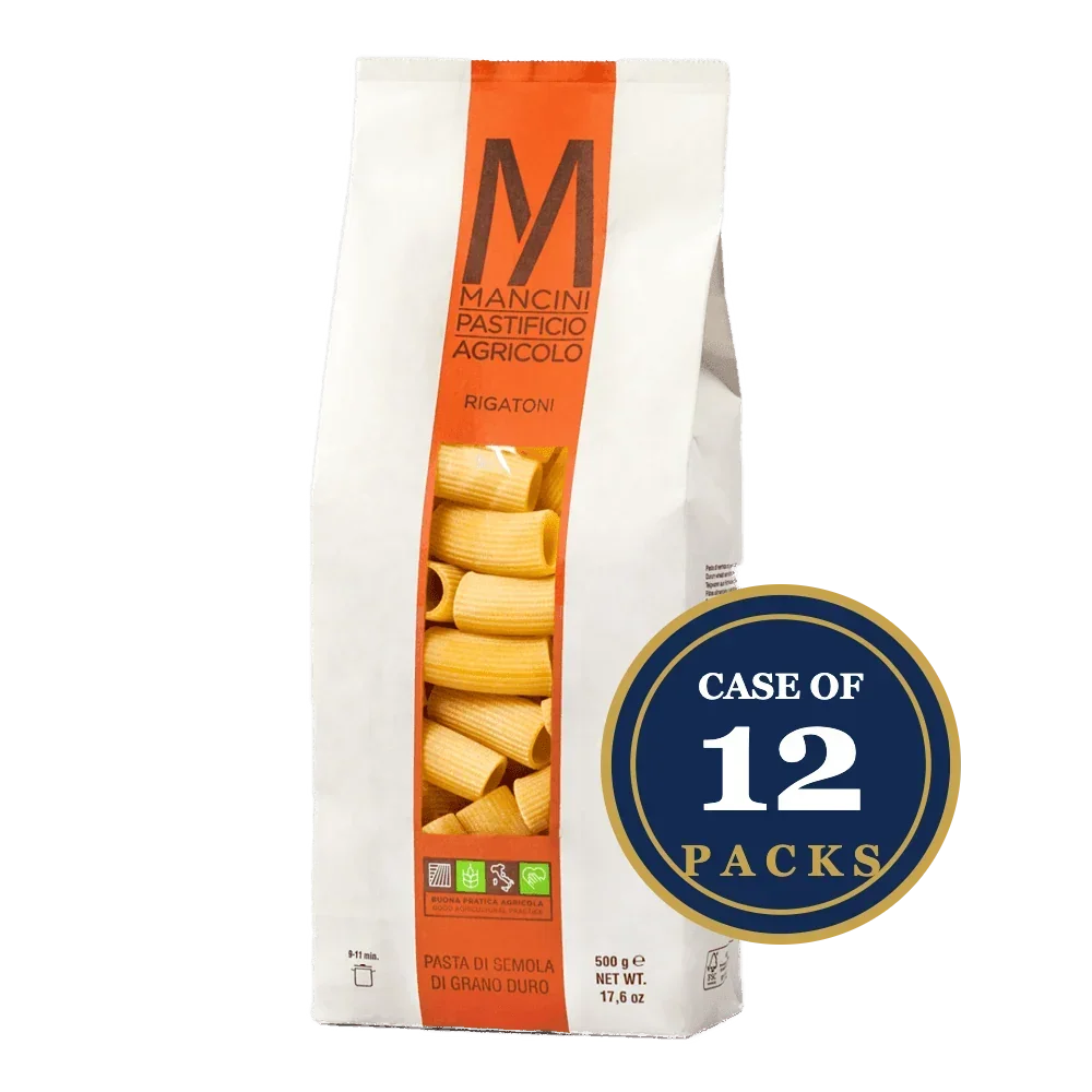 Mancini Rigatoni pasta, durum wheat, case of 12 packs, artisan-made, premium quality