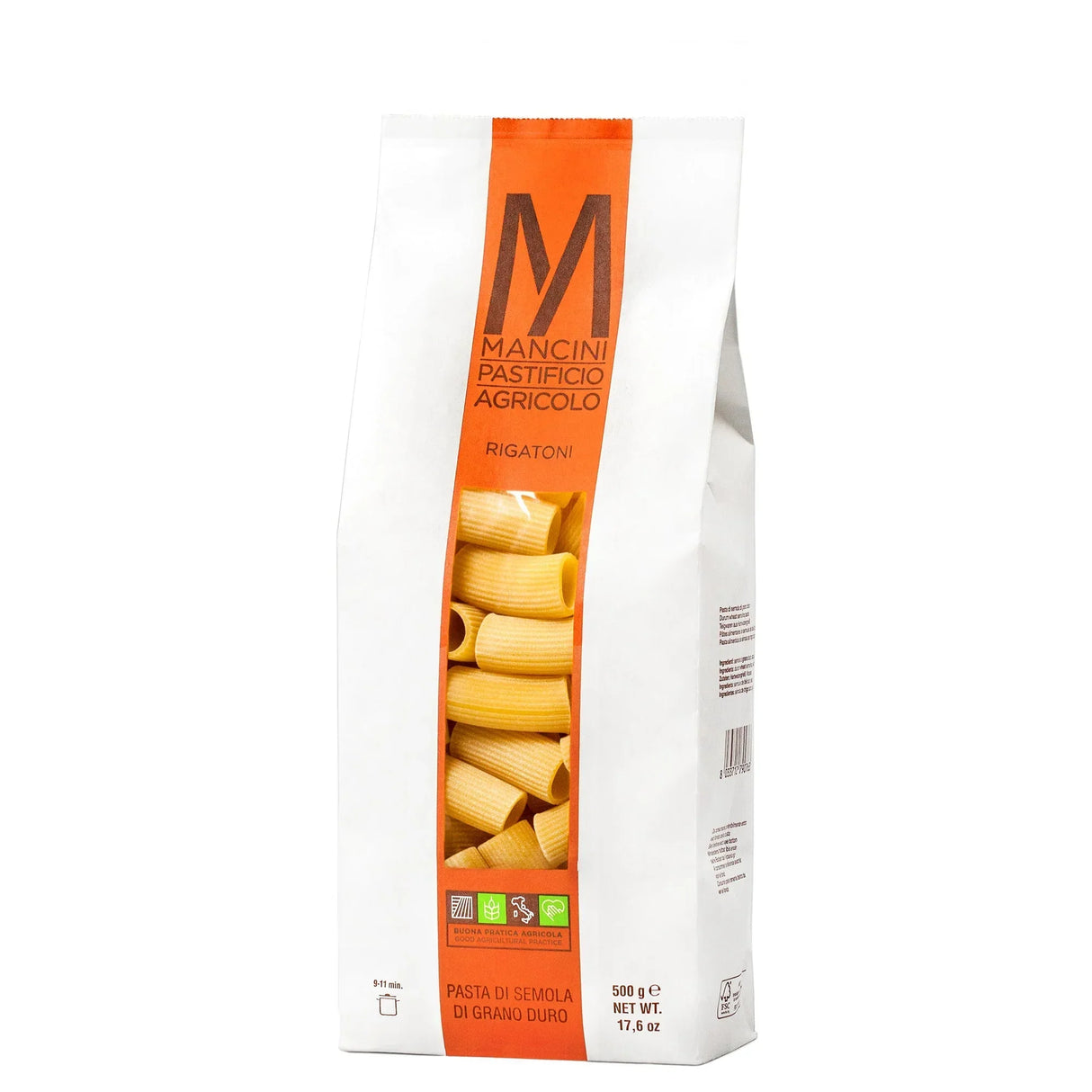 Mancini Rigatoni pasta, durum wheat semolina, artisan-made, 500g package, good agricultural practice