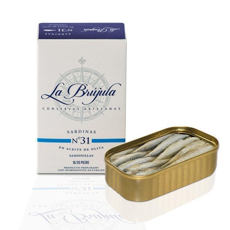 La Brújula premium canned sardines in olive oil, artisan packaging, gourmet French pantry food