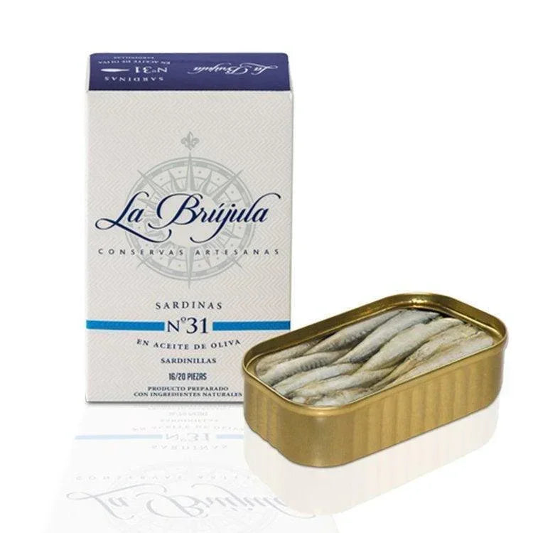 La Brújula artisan sardines in olive oil, premium Spanish conservas, natural ingredients, 16-20 pieces