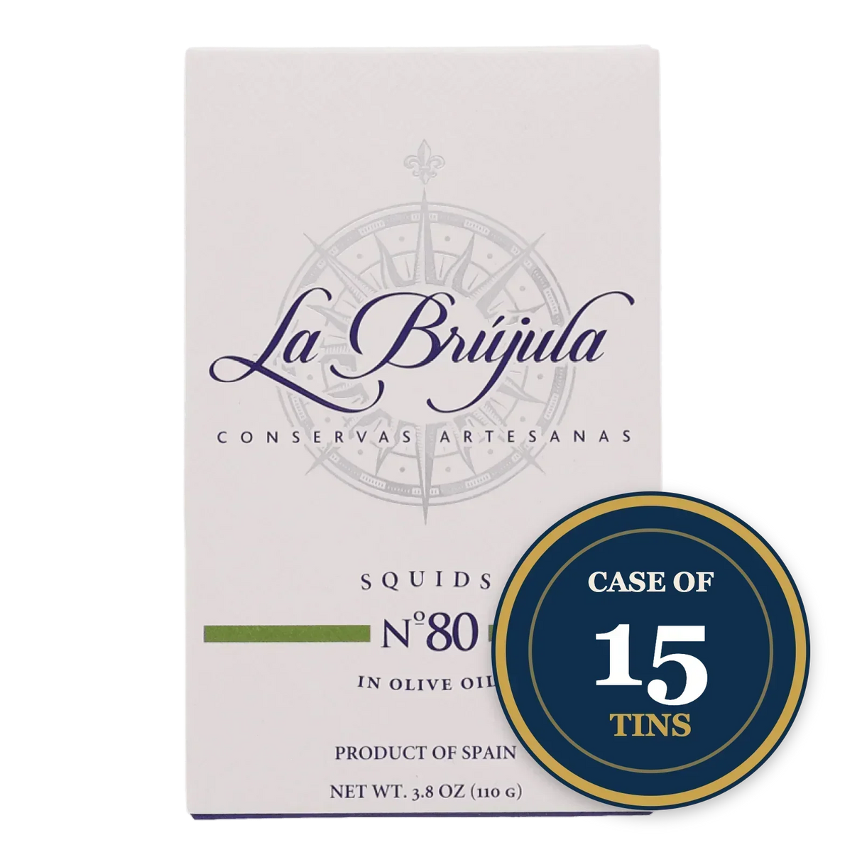 Case of 15 tins La Brújula squids in olive oil, artisanal Spanish conservas
