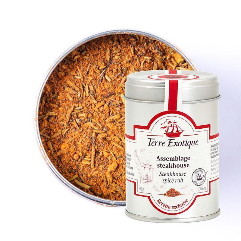 Terre Exotique Steakhouse Spice Rub in tin, showcasing artisanal blend for premium seasoning