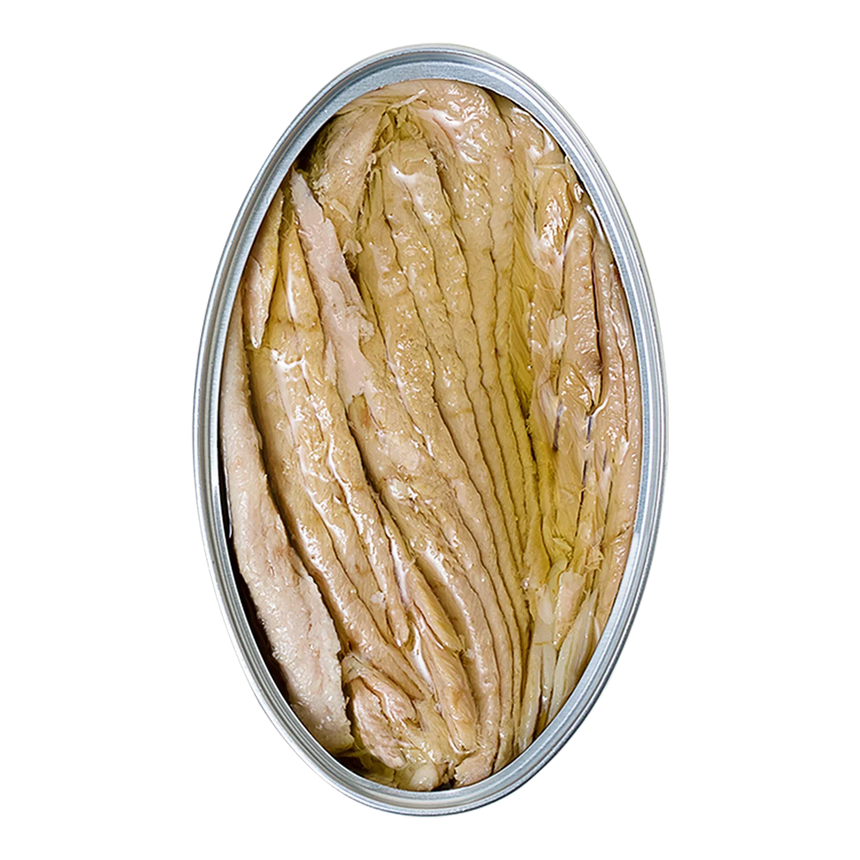 Open tin of La Brujula yellowfin tuna ventresca in olive oil, Spanish conserva