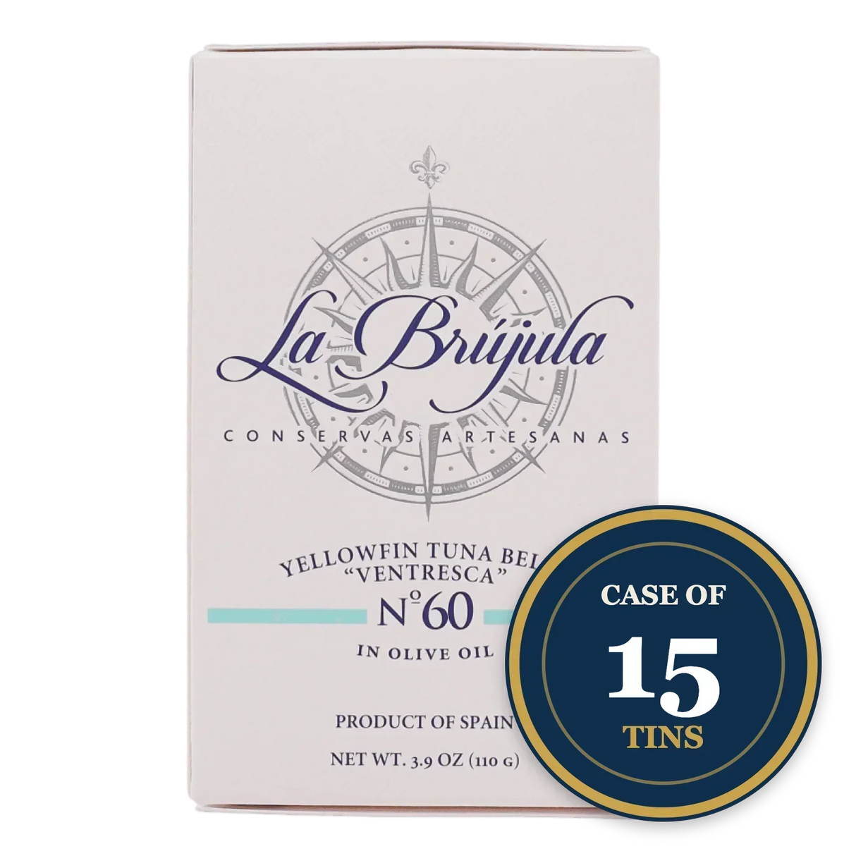 La Brújula Yellowfin Tuna Belly in Olive Oil, Case of 15 Tins, Artisan Spanish Conservas, Premium Seafood