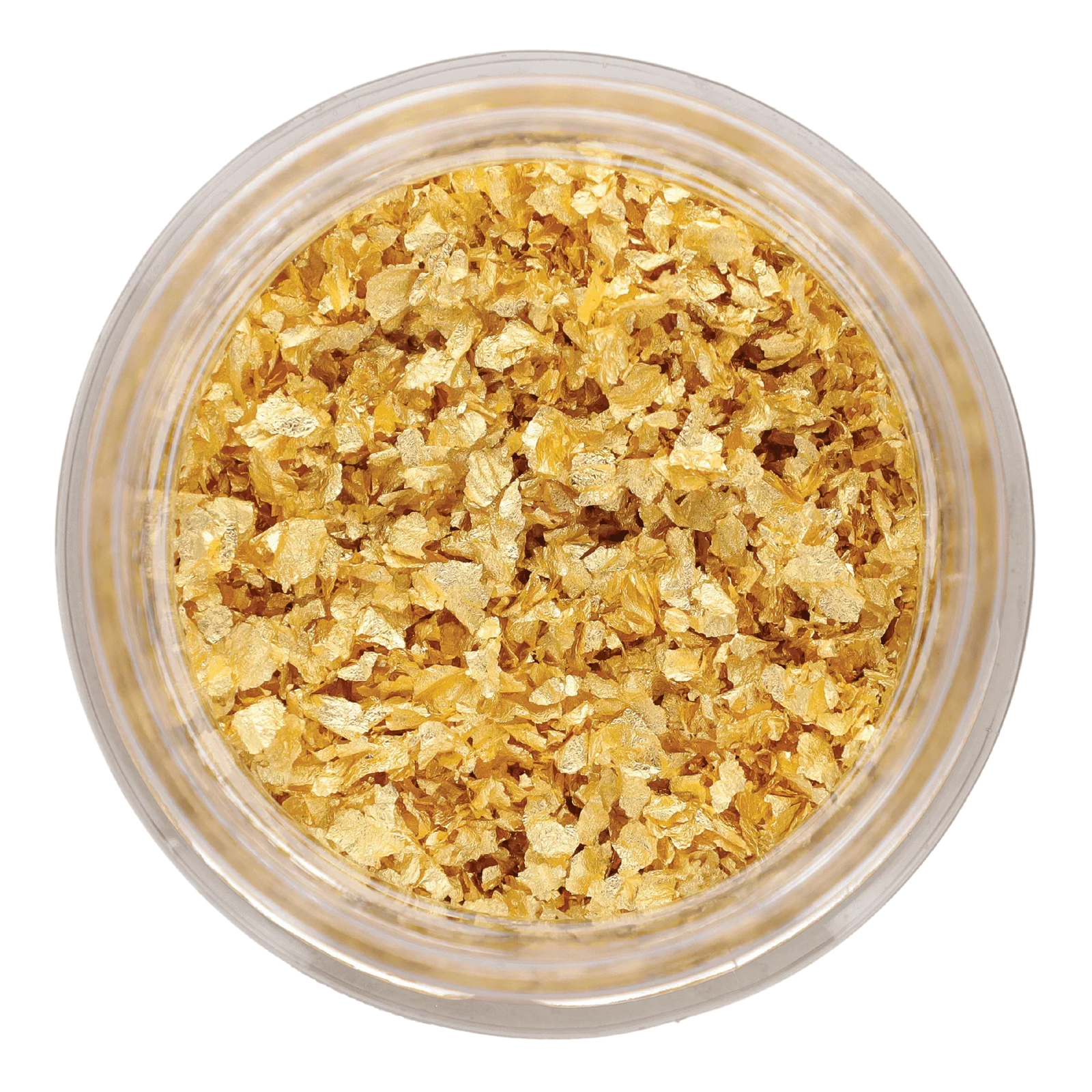Edible gold flakes in a clear jar, perfect for gourmet culinary decoration