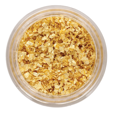 Edible gold flakes in a clear jar, perfect for gourmet culinary decoration