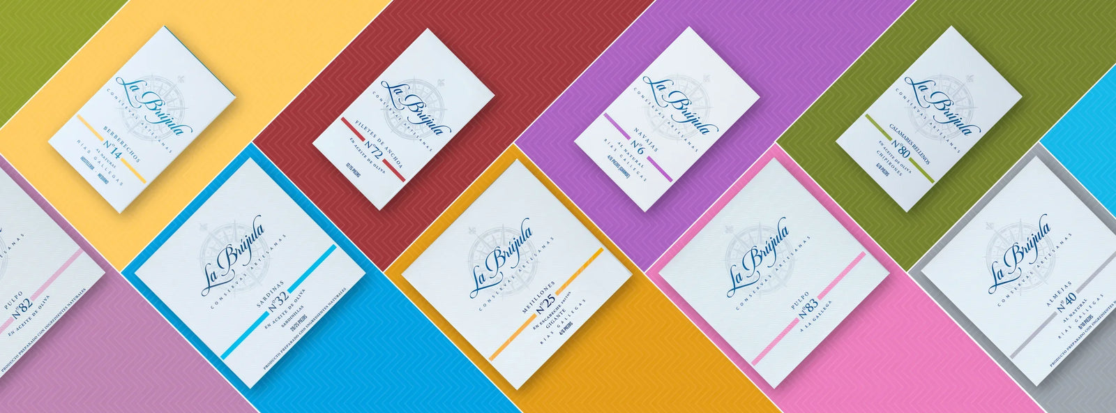 La Brújula artisanal conservas in colorful packaging, featuring sardines, anchovies, and mussels