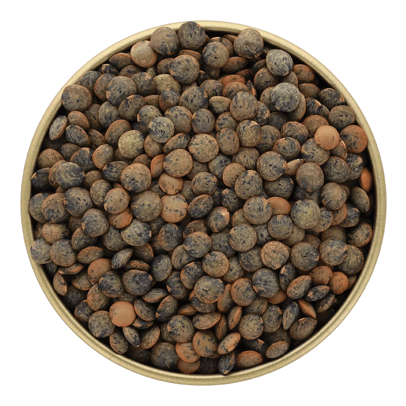 Premium French lentils in a gold bowl, all-natural, high-protein, clean-label, artisan-made