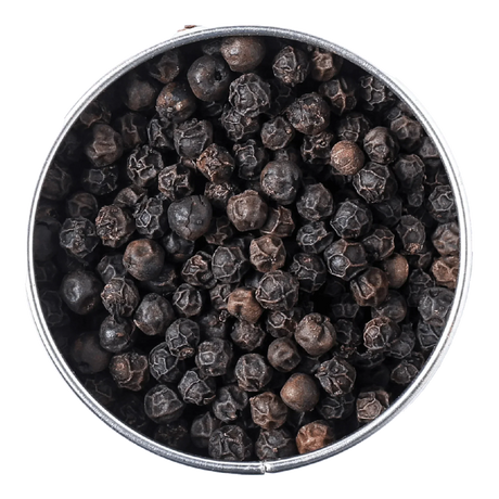 Premium whole black peppercorns in a metal tin, ideal for gourmet cooking and seasoning