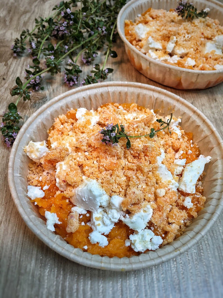 Baked pumpkin crumble with fresh goat cheese and an Espelette butter parmesan topping