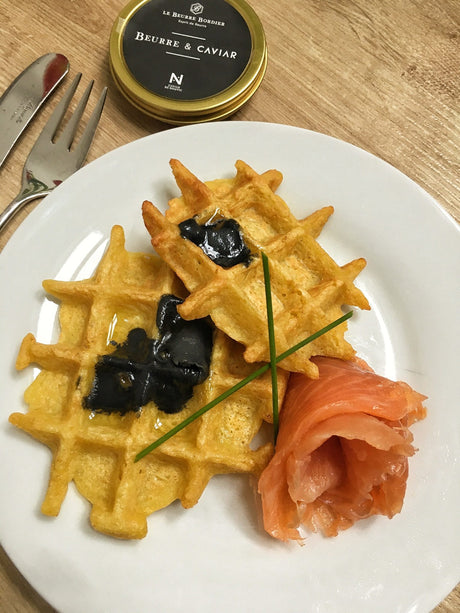 Crisp potato waffles topped with smoked salmon, chives and a melting dab of Bordier butter