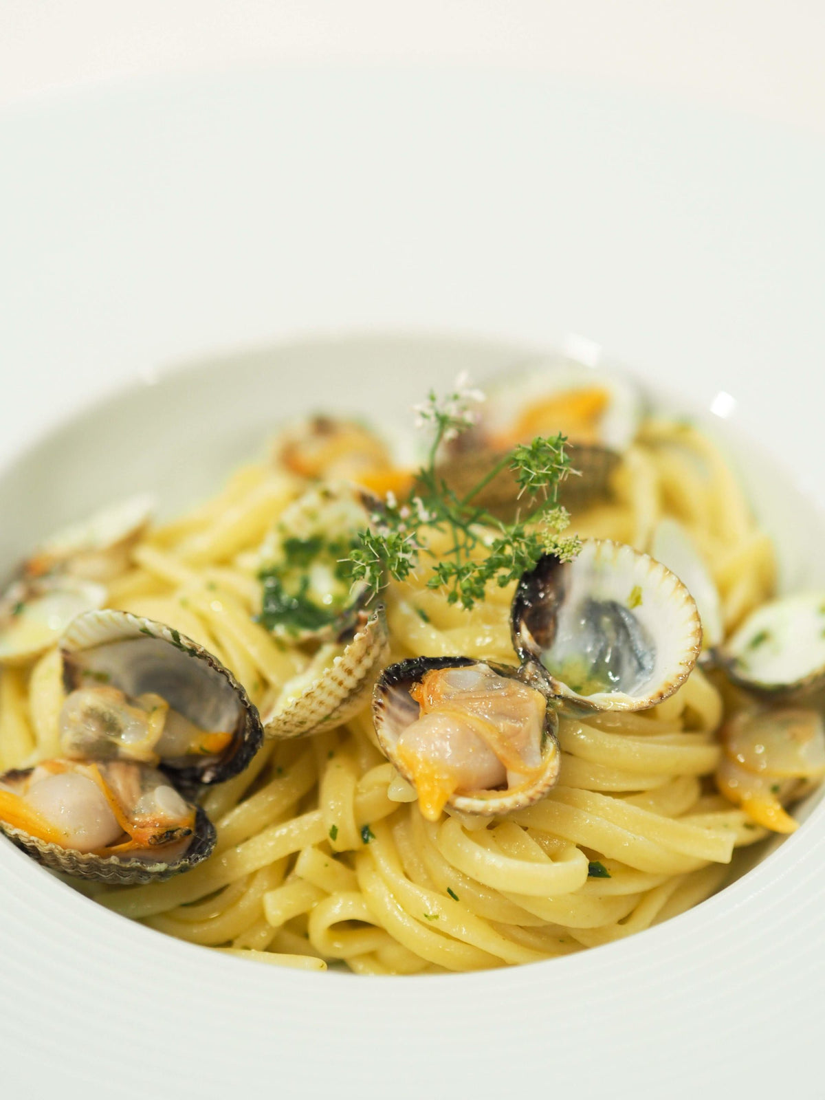 Bowl of linguine tossed with clams in their shells and wild garlic butter, scattered with fresh herbs