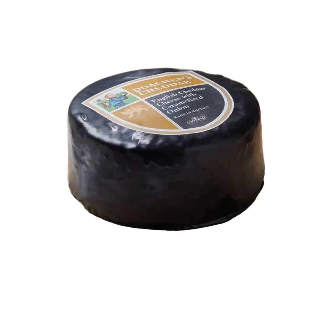 Poachers Cheddar English cheese with caramelized onion wrapped in black wax