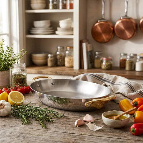Mauviel stainless steel sauté pan with gold handles on a wooden table with fresh vegetables.