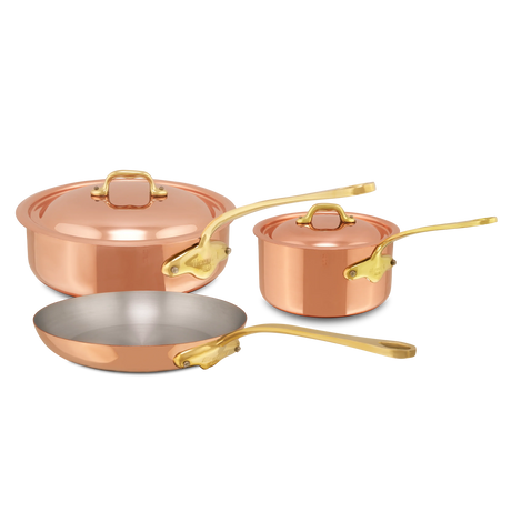 Set of three copper cookware pieces including a large pot with lid, a small saucepan, and a frying pan.