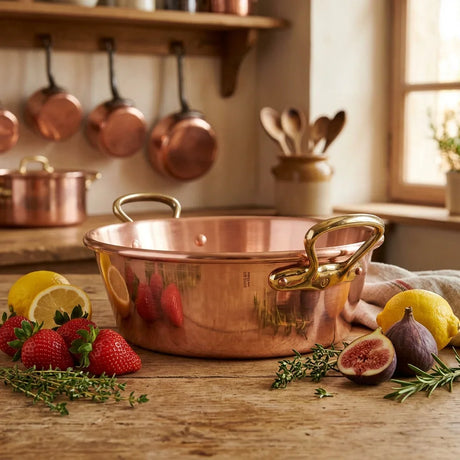 Large copper pot with gold handles on a wooden table with lemons, strawberries, and figs.