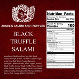 Label for Angel's Salumi and Truffles Black Truffle Salami with nutrition facts and ingredients listed.
