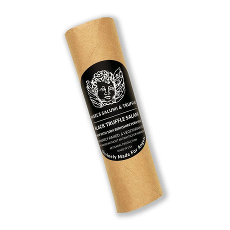 Rolled salami with a black label on a white background ngel salumi salami black truffle