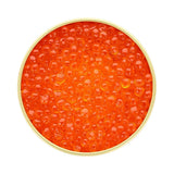 Premium red salmon caviar in a gold tin
