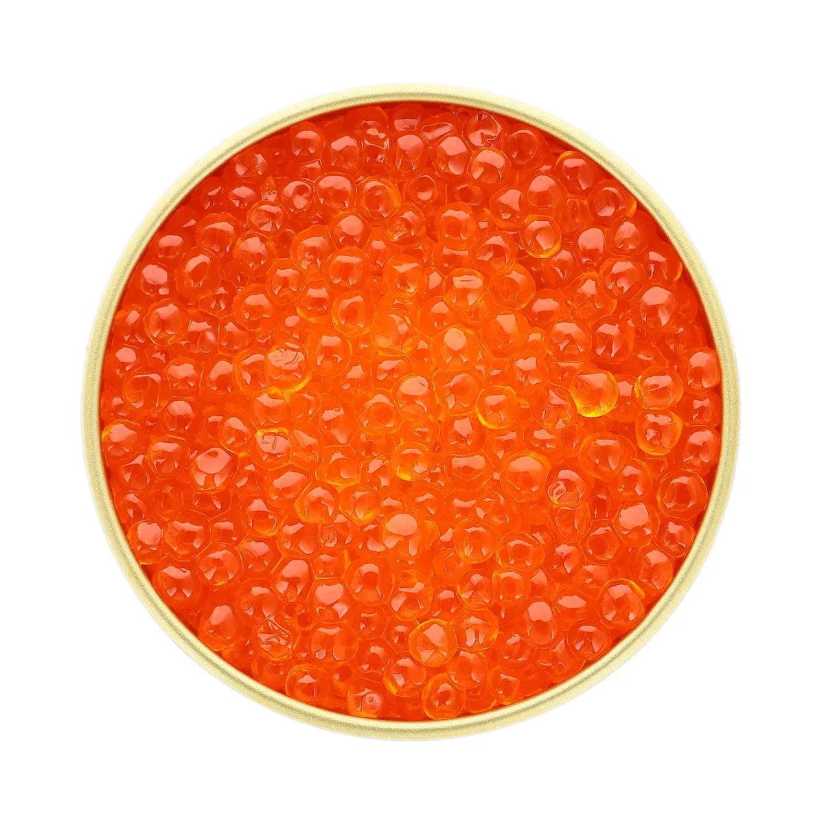Premium red salmon caviar in a gold tin container