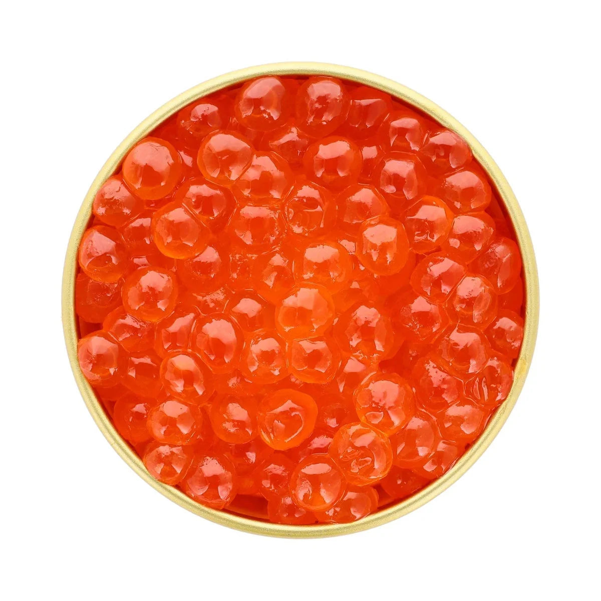 Top view of a golden tin filled with premium red salmon caviar