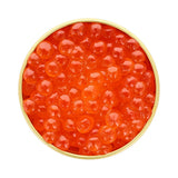Top view of a golden tin filled with premium red salmon caviar