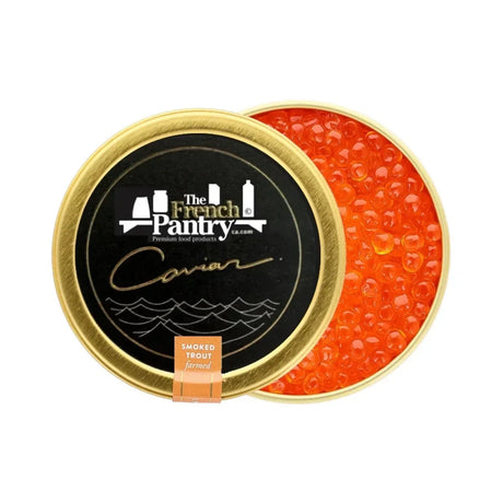 The French Pantry Smoked Trout Roe in a gold tin with a black lid