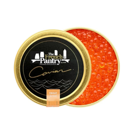 The French Pantry farmed trout roe in a gold tin with lid partially open