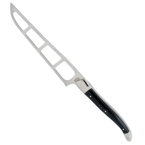 Stainless steel cheese knife with openwork blade and ebony handle on white background