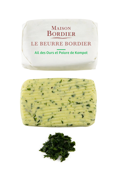Maison Bordier wild garlic and Kampot pepper French butter block with herbs, premium artisan dairy