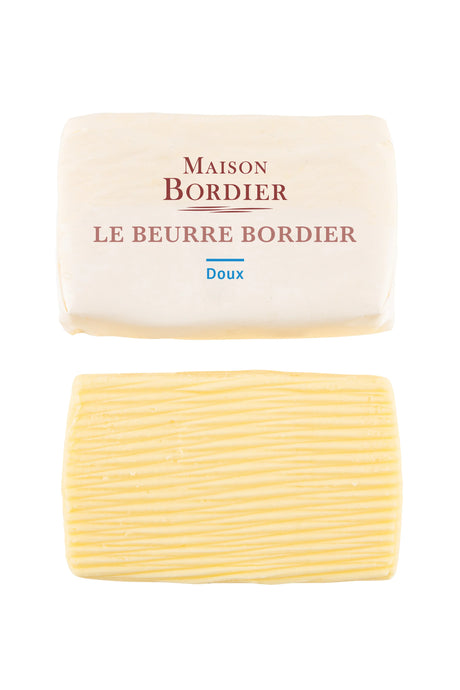 Maison Bordier unsalted French butter block in original wrapper and unwrapped, premium artisan dairy