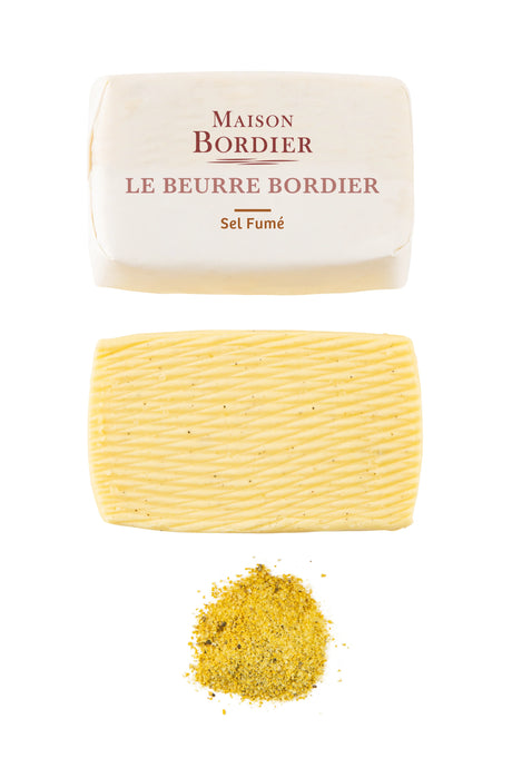 Maison Bordier smoked salt French butter, unwrapped with textured butter and seasoning