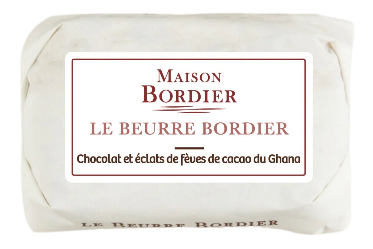 French butter with chocolate and Ghana cocoa bean pieces, wrapped, Maison Bordier label
