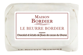 French butter with chocolate and Ghana cocoa bean pieces, wrapped, Maison Bordier label