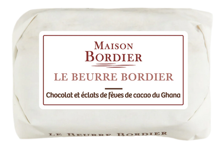French butter with chocolate and Ghana cocoa bean pieces, wrapped, Maison Bordier label