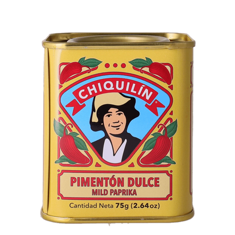 A yellow tin of Chiquilín Pimentón Dulce Mild Paprika, 75g (2.64oz).