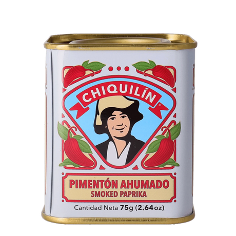 A tin of Chiquilin Pimentón Ahumado Smoked Paprika with an illustration of a man.