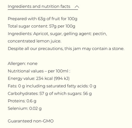 Apricot jam ingredients and nutrition facts, non-GMO, allergen-free, listed on a cream background.