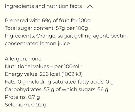 Ingredients and nutrition facts for orange jam from The French Pantry with no allergens listed.