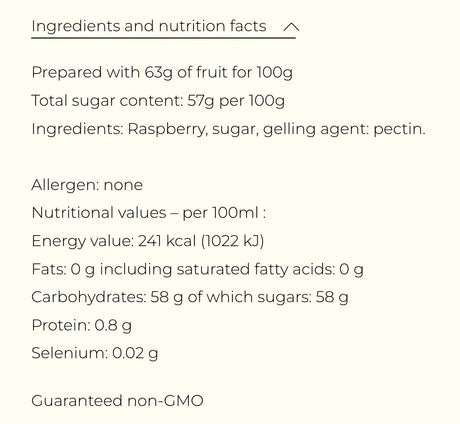 French Pantry raspberry jam nutrition facts and ingredients, non-GMO, allergen-free.
