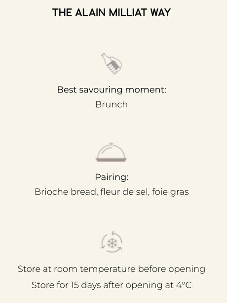 Alain Milliat product serving guide; best for brunch, pairs with brioche, fleur de sel, foie gras.