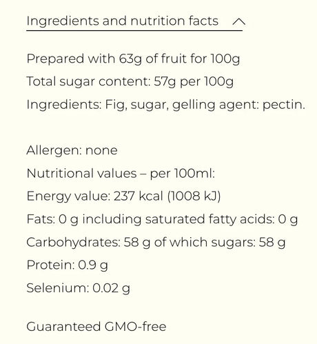 Fig jam nutrition facts and ingredients label, GMO-free, no allergens, French artisan pantry.