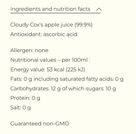 Ingredients and nutrition facts for Cloudy Cox's apple juice, non-GMO, no allergens, low calorie, premium French Pantry product.