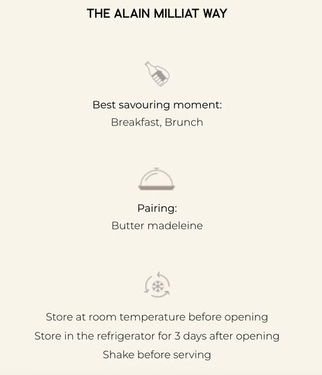 Alain Milliat French gourmet product serving guide with breakfast, brunch, butter madeleine pairing