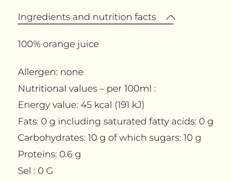 100% orange juice nutrition facts label with no allergens, all-natural ingredients, and low calories.