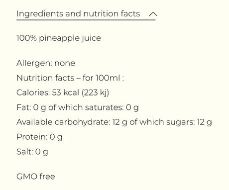 100% pineapple juice nutrition facts label, allergen-free, GMO-free, at The French Pantry