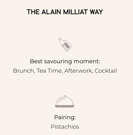 The Alain Milliat Way guide, showing best savouring moments and pistachio pairing for French gourmet foods.