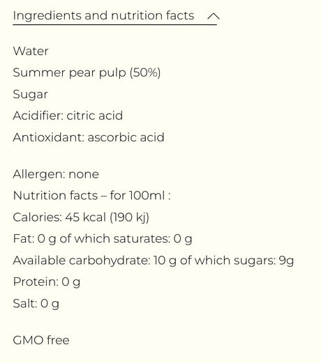 French Pantry pear jam ingredients and nutrition facts, non-GMO, allergen-free label.