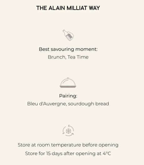 Alain Milliat product serving guide with brunch, tea time, Bleu d'Auvergne, sourdough bread pairing.